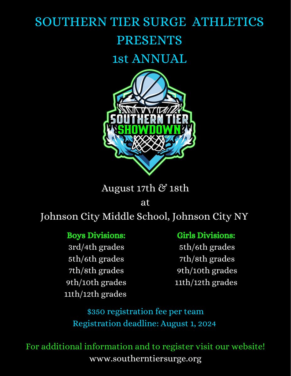 Attention all basketball players and coaches!
Don't miss your chance to be a part of the Southern Tier Showdown! There are limited slots in each division and they are filling up quickly, so be sure to register by August 1, 2024. Divisions will be determined by the grade level for