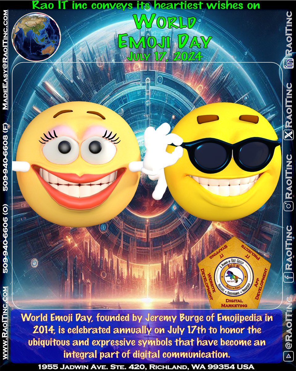 RaoITinc's tweet photo. Rao IT Inc. wishes you a joyful #WorldEmojiDay! 🎉

#RaoITInc, a member of #RaoGroup, is your local digital growth partner from #TriCitiesWA, specializing in #WebsiteDevelopment, #AppDevelopment, #DigitalMarketing, #ITProjects, and #ITStaffing.

509-940-6606 https://t.co/kJR8tajzr9