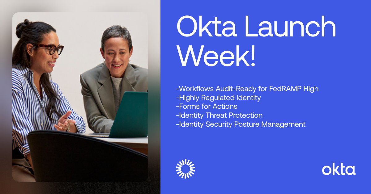 It's #OktaLaunchWeek!

Each quarter, we're highlighting the latest releases and innovations over at <a href="/Okta/">Okta</a>. Discover our most game-changing cybersecurity solutions: bit.ly/3Y1FOCs

I'm very proud to be supporting the launch of Identity Threat Protection with Okta AI!