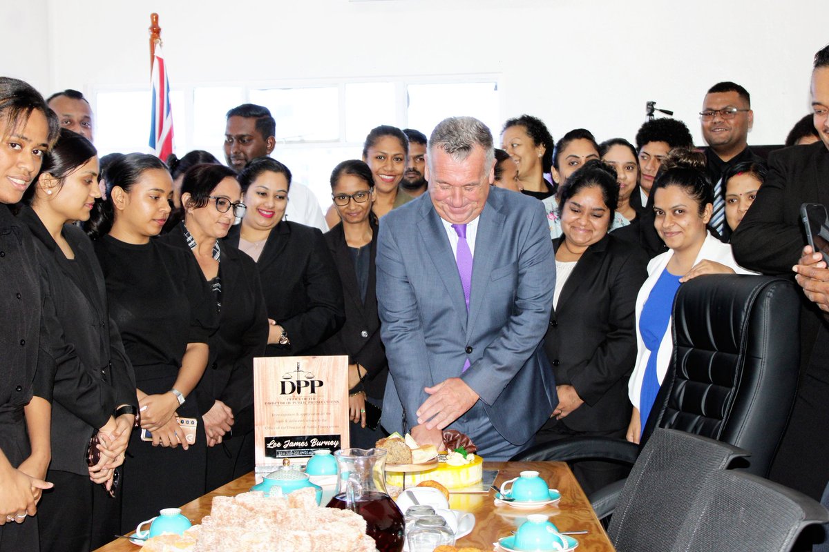 odppfiji's tweet photo. The #ODPPFiji staff celebrated and thanked ADPP Mr Lee Burney for his dedicated service as he completes his term at the ODPP. Mr Burney served the ODPP for the past 10 years, guiding many prosecutors as a mentor and a friend. We wish him all the best in his future endeavors! https://t.co/1GM1EE5z49