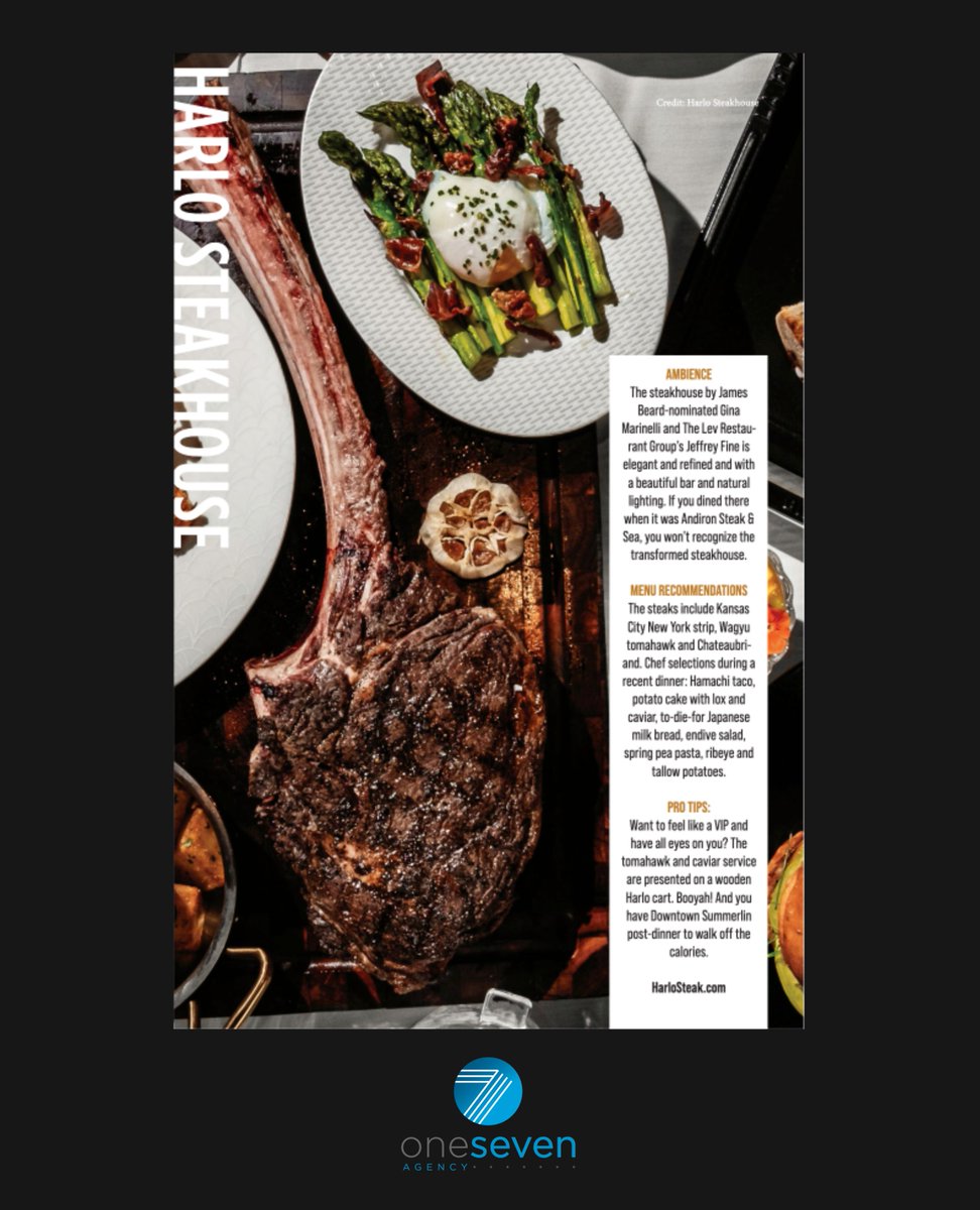 OneSevenAgency's tweet image. Excited to share this write-up #OneSevenAgency secured in Vegas Prime Magazine featuring our wonderful client, @levgrouplv's Jeffrey Fine and @HarloSteak. Harlo Steakhouse &amp;amp; Bar is an exclusive steakhouse and dining experience rooted in Vegas history and now open in #Summerlin.⁠