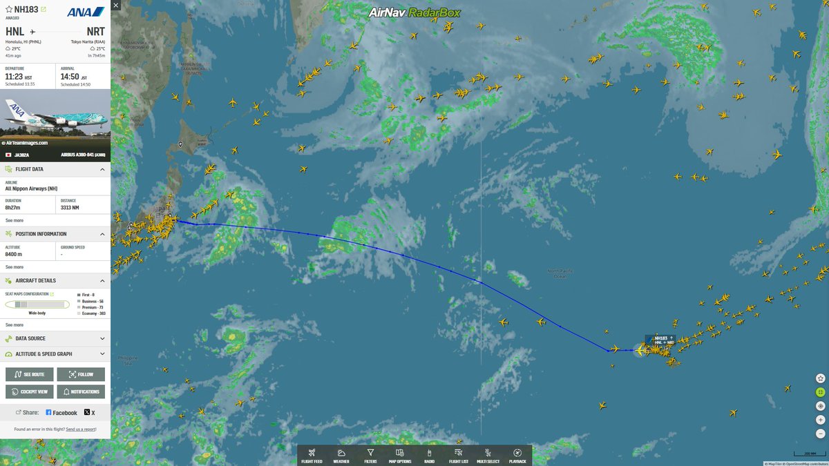 AirNavRadar's tweet photo. A very interesting flight operated with an Airbus A380! ANA flight NH183 from Honolulu, Hawaii, to Tokyo Narita. This flight generally took 8 hours and 27 minutes. Have you ever flown on this flight? 🌏✈️
Track #NH183 on RadarBox: https://t.co/NIx2sf8KQy
#Aviation #AirbusA380 #Travel #FlyANA