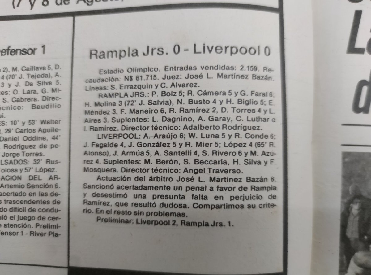 - Agosto de 1982 - Por la 6a. fecha del Uruguayo, en el Olímpico, <a href="/RamplaJuniorsFC/">Rampla Jrs.</a> y Liverpool empataron sin goles. Se vendieron 2159 entradas. Otras épocas. El pasado fin de semana cuando se enfrentaron estos dos equipos por el Torneo Intermedio no hubo más de 500 espectadores.