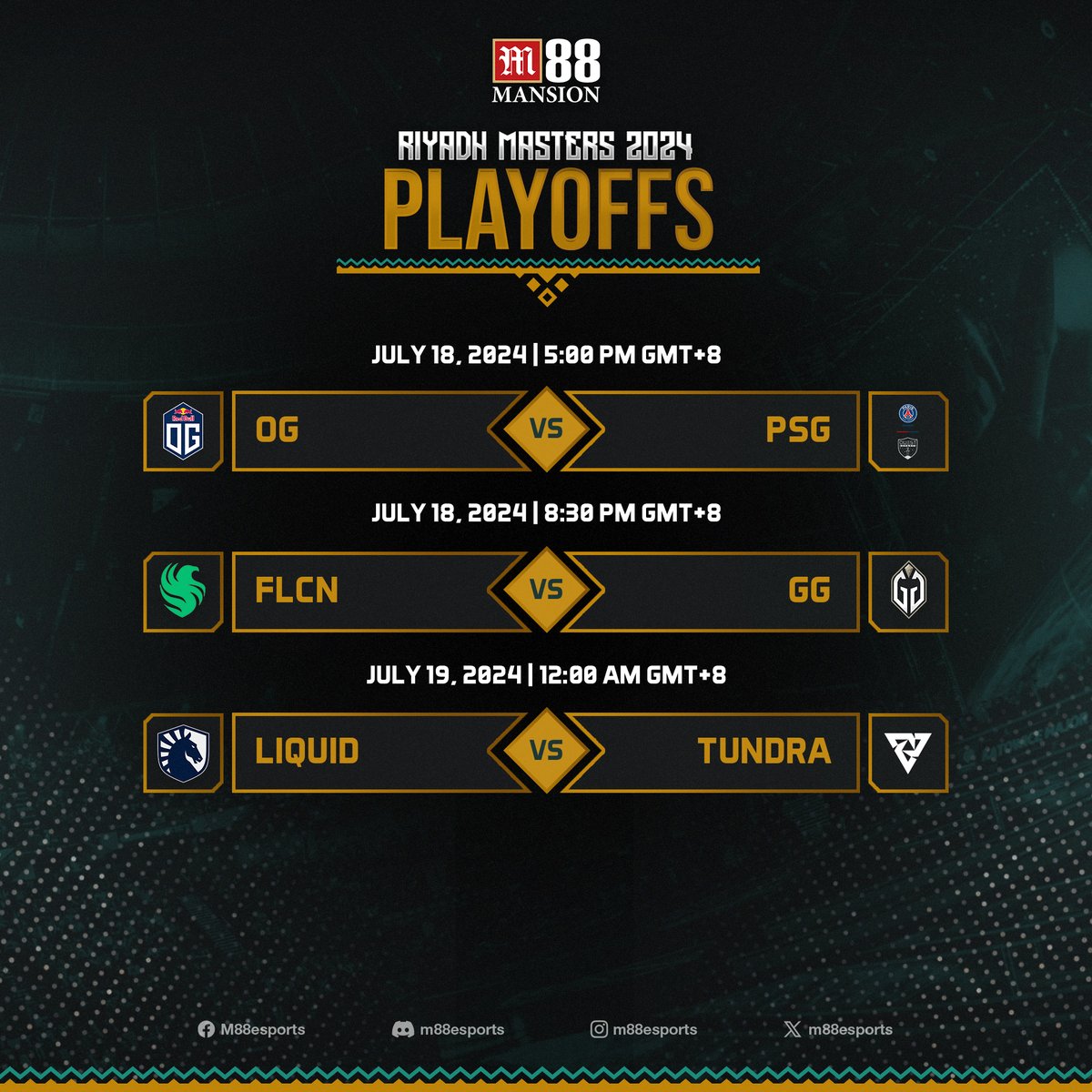 m88esports's tweet image. Here are today&apos;s matches for the Riyadh Masters 2024 playoffs!

Which teams do you think will advance?

#Dota2 #RiyadhMasters