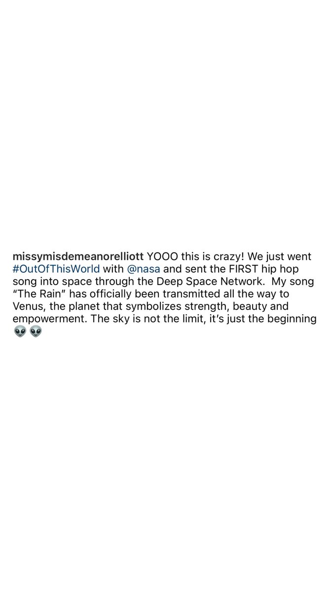 XXL's tweet photo. Missy Elliott’s “The Rain” officially becomes the first hip-hop song to be transmitted to space via NASA’s Deep Space Network. 👽🛸 https://t.co/RgruguJ4rM