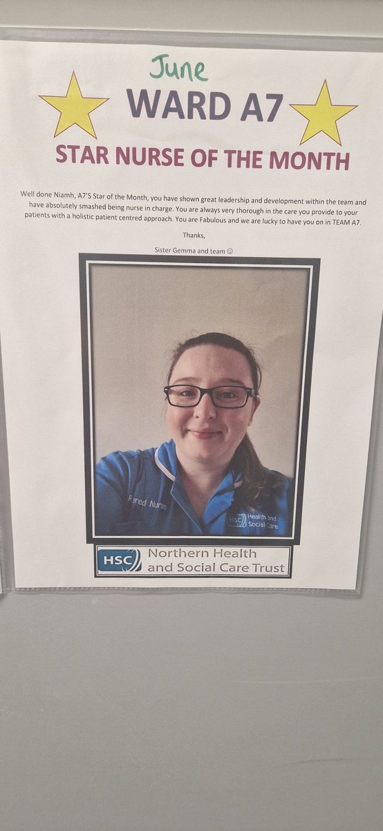 🌟Star Nurse of the Month 🌟 for June we celebrate Niamh who has joined team A7 recently but has shown great leadership and teamwork everyday, thank you for being such a fantastic nurse &amp;role model #TeamA7 #COE #starofthemonth #teamnorth <a href="/NatashaMcculla1/">Natasha McGlinchey</a> <a href="/NHSCTrust/">Northern Trust</a> <a href="/millarwilson/">audrey harris</a>