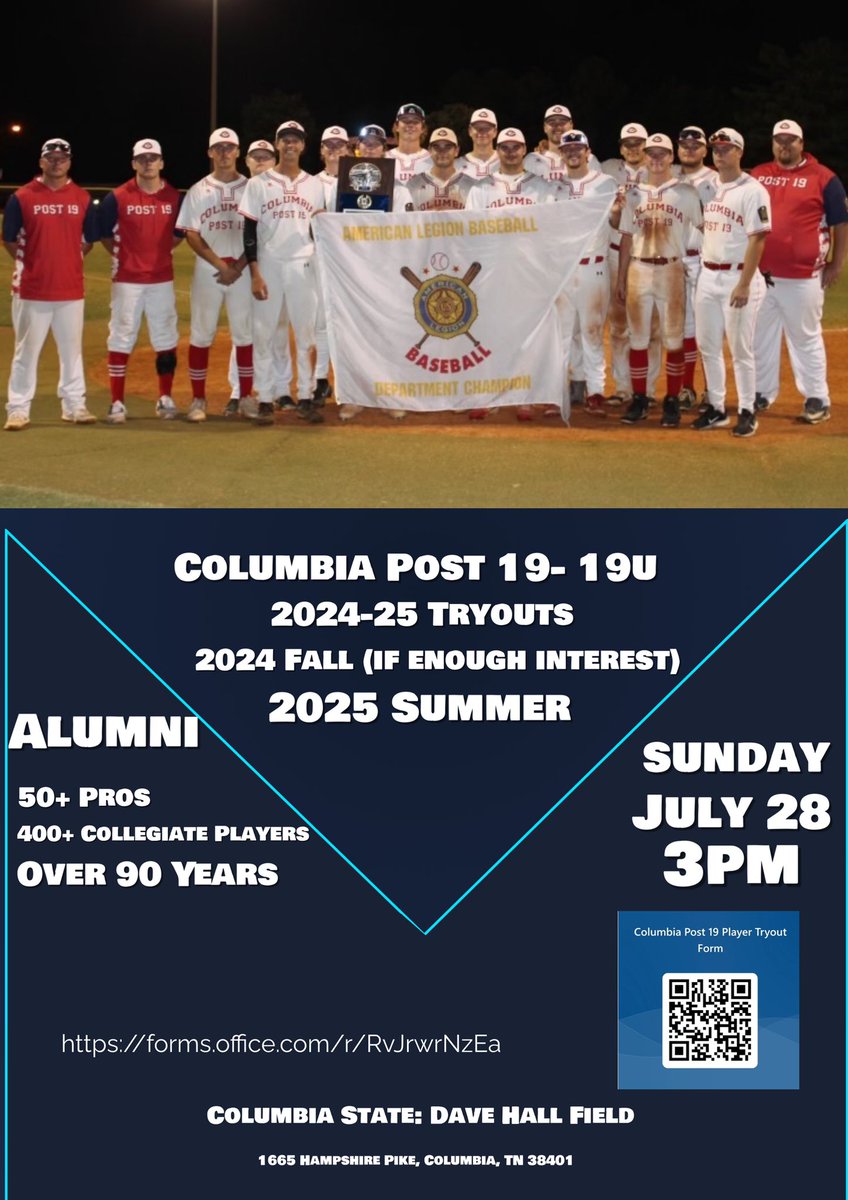 Post 19 is hosting tryouts for 2025 season on July 28. Ages 16-19 welcome. College FR can play if they don’t turn 20 in 2025. If enough interest will have 2024 Fall league team as well. Fill out form via link or QR code to register. No tryout fee!

forms.office.com/r/RvJrwrNzEa
