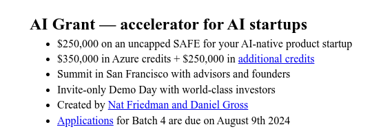 Applications for AI Grant's newest batch are open until August 9th!

Apply at aigrant.com - there's never been a better time to build things!