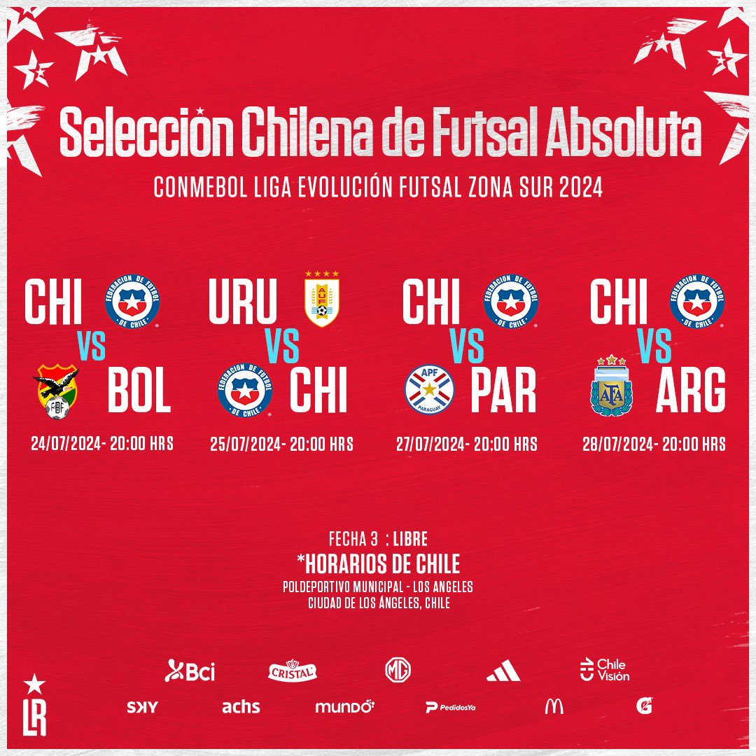 LaRoja's tweet photo. 🗓️ ¡EL FIXTURE DE LAS ROJAS DE FUTSAL! 👏🏼

La Federación de Fútbol de Chile comunica el fixture de La Selección Chilena de Futsal absoluta y de la Selección Chilena de Futsal Sub-20 en la próxima CONMEBOL Liga Evolución Zona Sur- Los Ángeles 2024 💪🆑

Ambas selecciones oficiarán como dueños de casa y quieren dejar en lo más alto al #Futsal nacional🔝

🖥️ ¡Podrás seguir todos los partidos en vivo a través de las plataformas online de CONMEBOL!

#VamosLaRojaFutsal #VamosLaRojaFutsalSub20 #SomosLaRoja #LigaEvoluciónChile2024