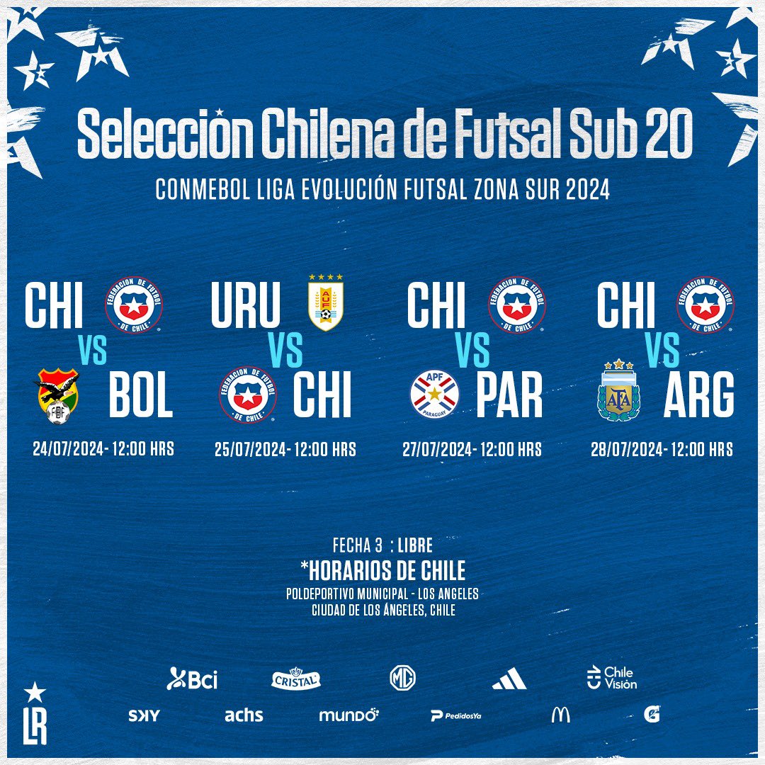 🗓️ ¡EL FIXTURE DE LAS ROJAS DE FUTSAL! 👏🏼

La Federación de Fútbol de Chile comunica el fixture de La Selección Chilena de Futsal absoluta y de la Selección Chilena de Futsal Sub-20 en la próxima CONMEBOL Liga Evolución Zona Sur- Los Ángeles 2024 💪🆑

Ambas selecciones oficiarán