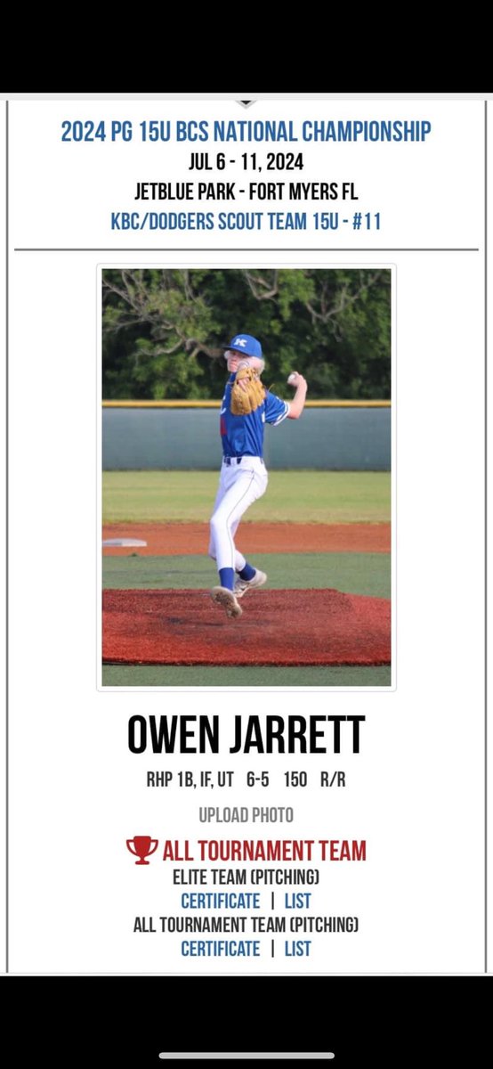 All Tourney Team and All Elite Pitching Team from BCS in Fort Myers
<a href="/owen_jarrett11/">Owen Jarrett</a> 
<a href="/Kybaseballclub/">KBC</a>