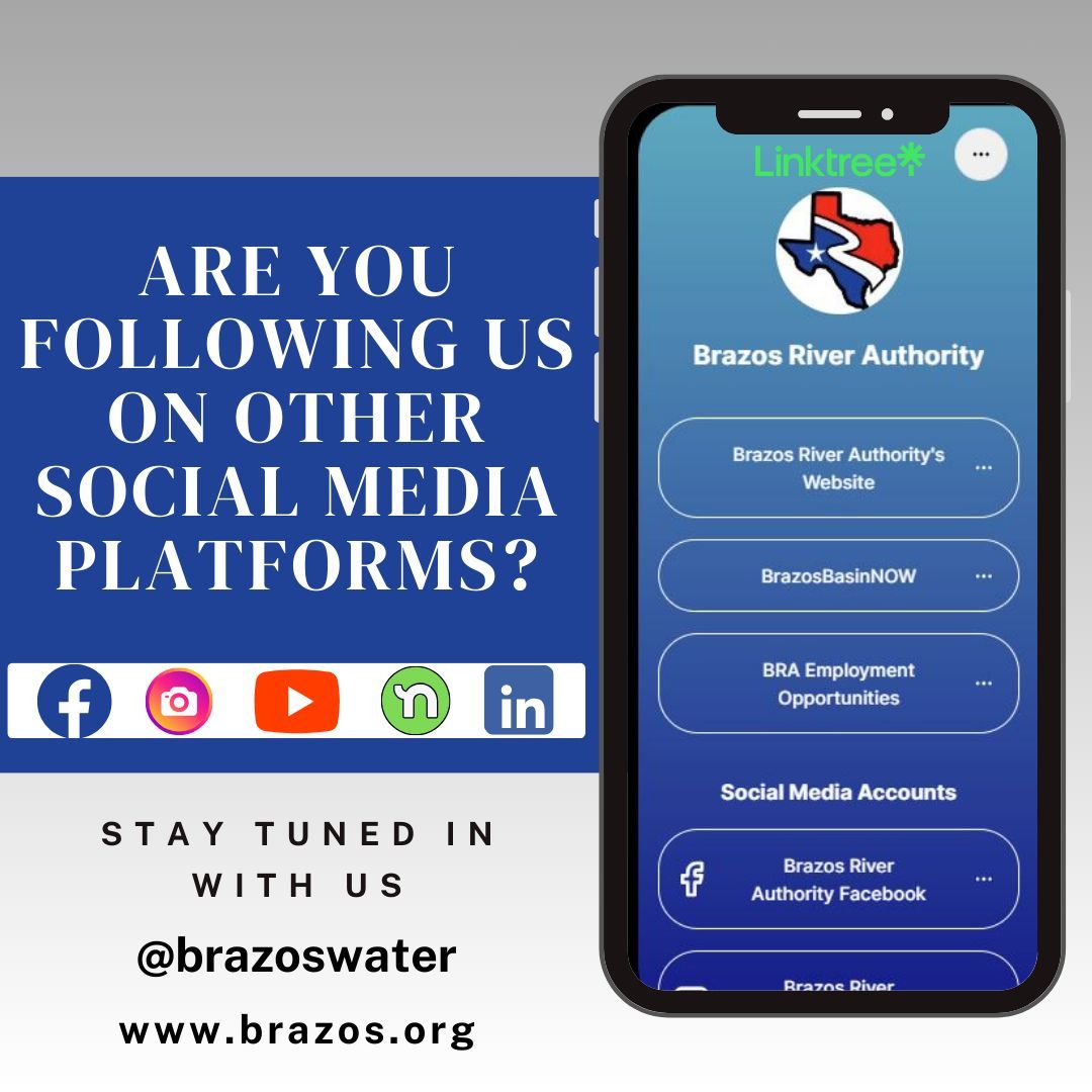 BrazosWater's tweet photo. Want more BRA content? Level up your feeds by following us on other platforms! 😊
Linktree: https://t.co/TkmLk31pUz
#FollowUs #StayConnected #BrazosRiverAuthority #LakeLimestone #LakeGranbury #PossumKingdom #BrazosRiver #Education https://t.co/K7sO16eiCq