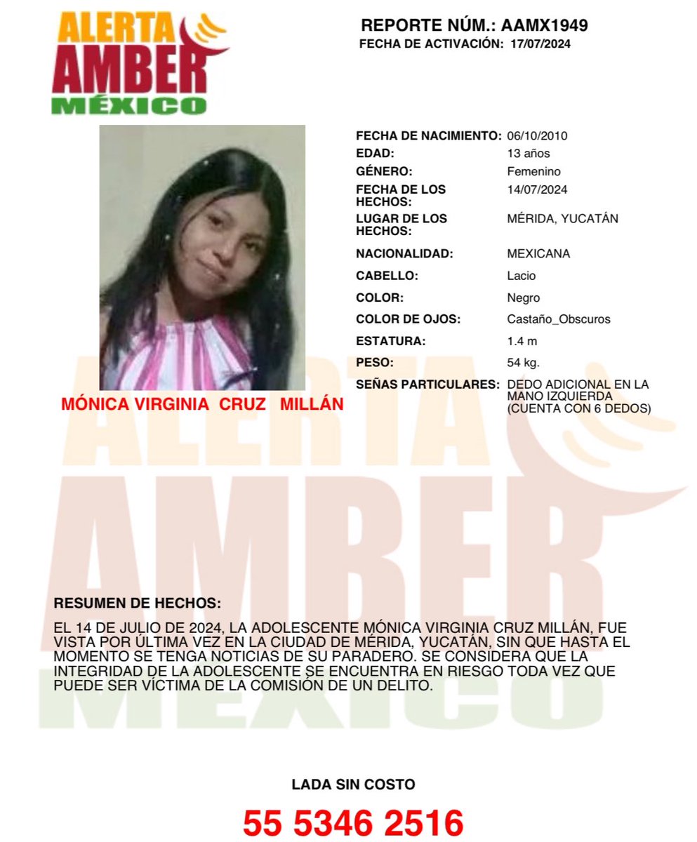AAMBER_mx's tweet photo. #AlertaAMBER solicita su apoyo y RT para la búsqueda y localización de la adolescente MÓNICA VIRGINIA CRUZ MILLÁN de 13 años de edad. https://t.co/agRMxMz2mD