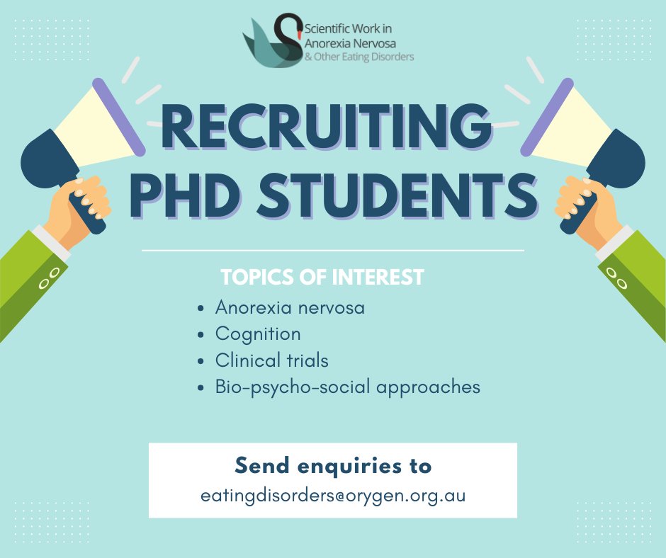 Scientific Work in Anorexia Nervosa (SWAN) (@swan_research_) on Twitter photo 📢📢Seeking PhD Students!📢📢
Are you interested in a PhD with our awesome team <a href="/UniMelb/">University of Melbourne</a>/<a href="/orygen_aus/">Orygen</a> in #AnorexiaNervosa in 2025?
We are taking expressions of interest until 30th Aug. Please email us at eatingdisorders@orygen.org.au!
Please share widely! 📢📢Seeking PhD Students!📢📢
Are you interested in a PhD with our awesome team <a href="/UniMelb/">University of Melbourne</a>/<a href="/orygen_aus/">Orygen</a> in #AnorexiaNervosa in 2025?
We are taking expressions of interest until 30th Aug. Please email us at eatingdisorders@orygen.org.au!
Please share widely!