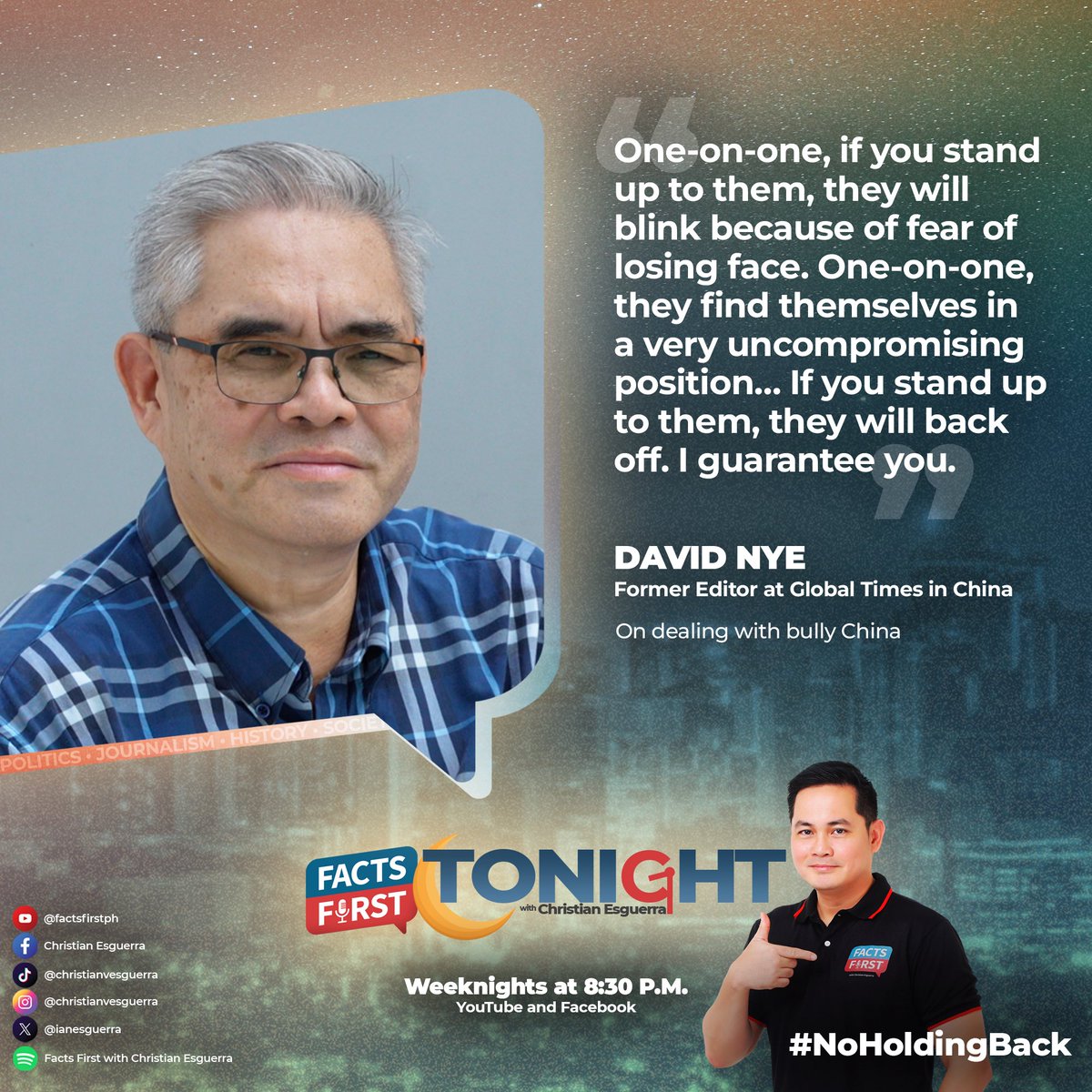 “If you stand up to them, they will back off. I guarantee you,” says David Nye, a former editor in China’s propaganda news outlet, The Global Times. 

Watch our #FactsFirst #convo: youtu.be/JjM2D9sQI30