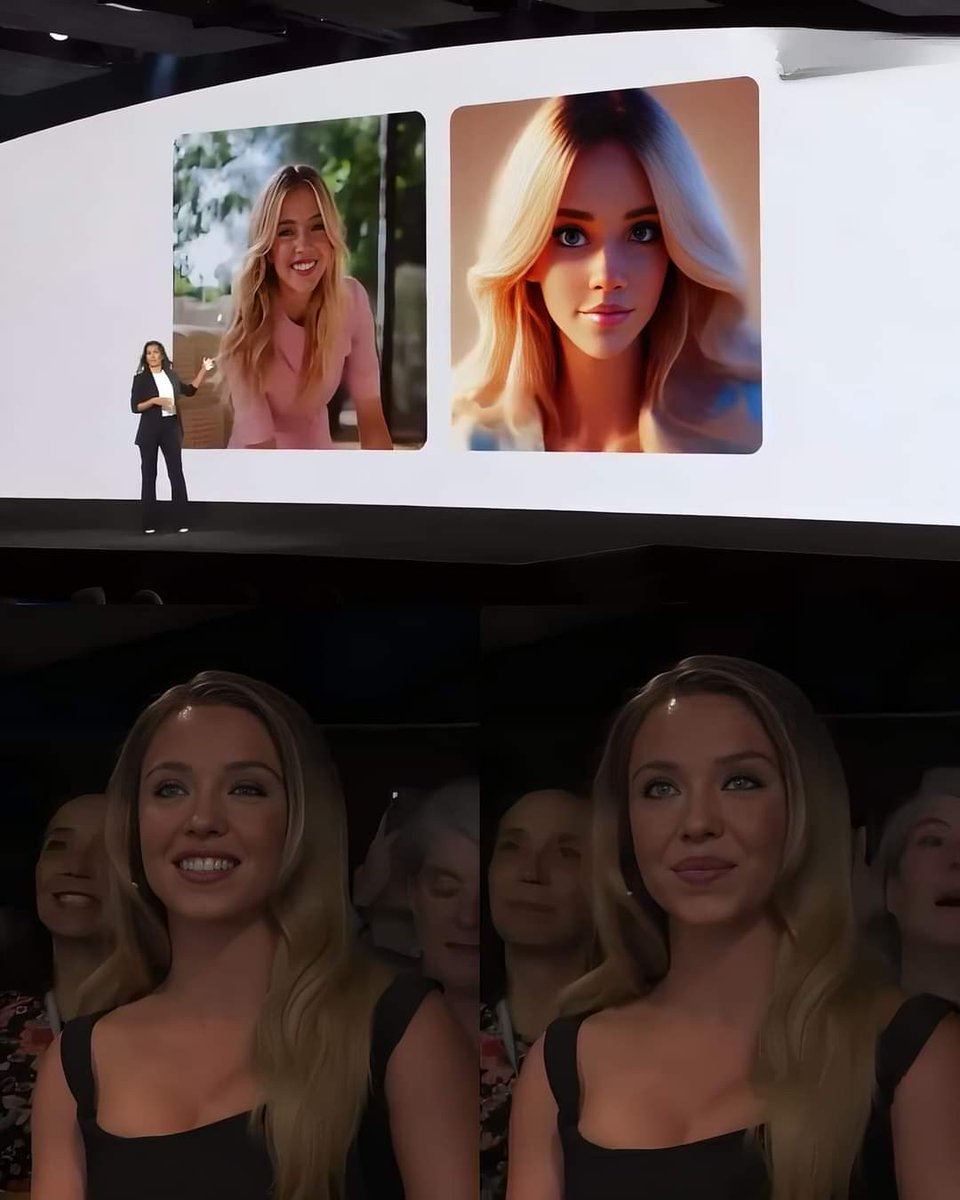 dcandrade19's tweet photo. Samsung convidou Sydney Sweeney para um evento e essa é a reação dela a apresentação kkkk https://t.co/jfnlKq2Plp