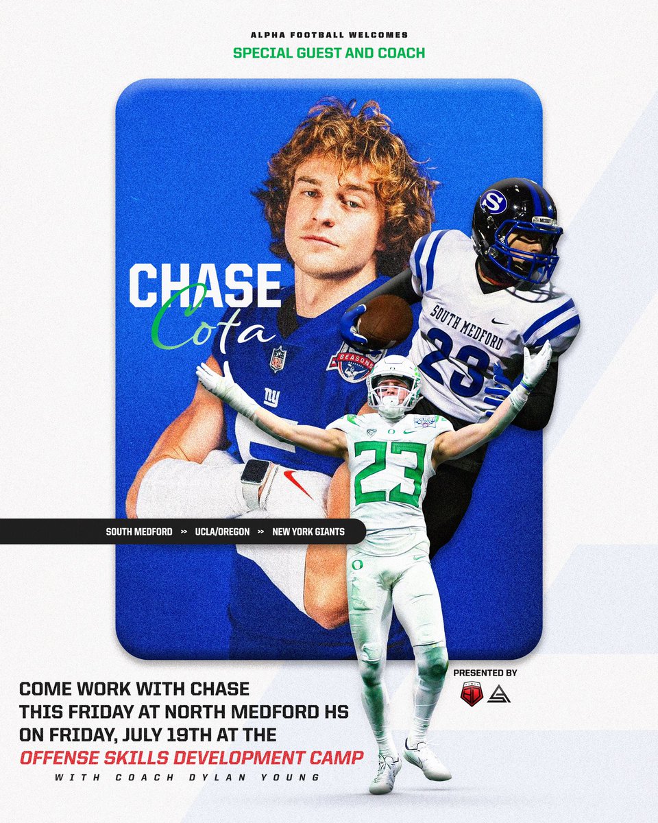 HOMETOWN LEGEND! DON’T MISS YOUR CHANCE TO BE COACHED BY <a href="/ccota_/">Chase Cota</a> 🔥👇 &gt; The Offense Skills Development Camp is THIS Friday, July 19th at North Medford HS and we’re lucky to have Chase in the building with us!! — Limited availability. Link in bio to sign up 🔗 #ALPHA