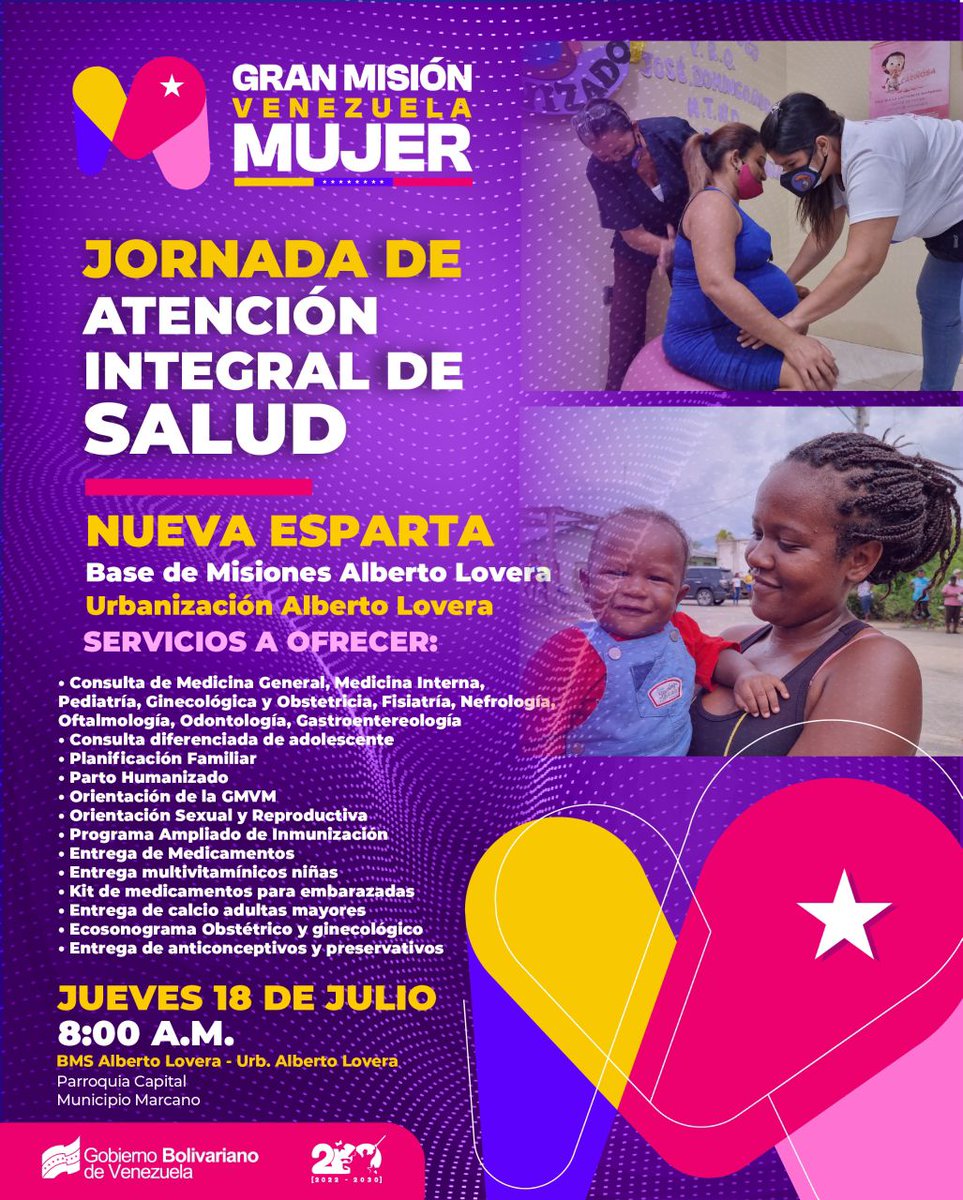 🚺 No te pierdas la gran jornada de atención integral de salud a la Mujer este #18Julio

📌📌 Lugar: Base de Misiones Alberto Lovera 

🕗🕗 Hora: 8:00 a.m.

¡Asiste!

<a href="/NicolasMaduro/">Nicolás Maduro</a>
<a href="/DhelizAlvarez/">Dheliz Álvarez</a>
<a href="/AlessandrelloCG/">Giuseppe Alessandrello</a>
<a href="/YulArmas_/">Yul Armas</a>
