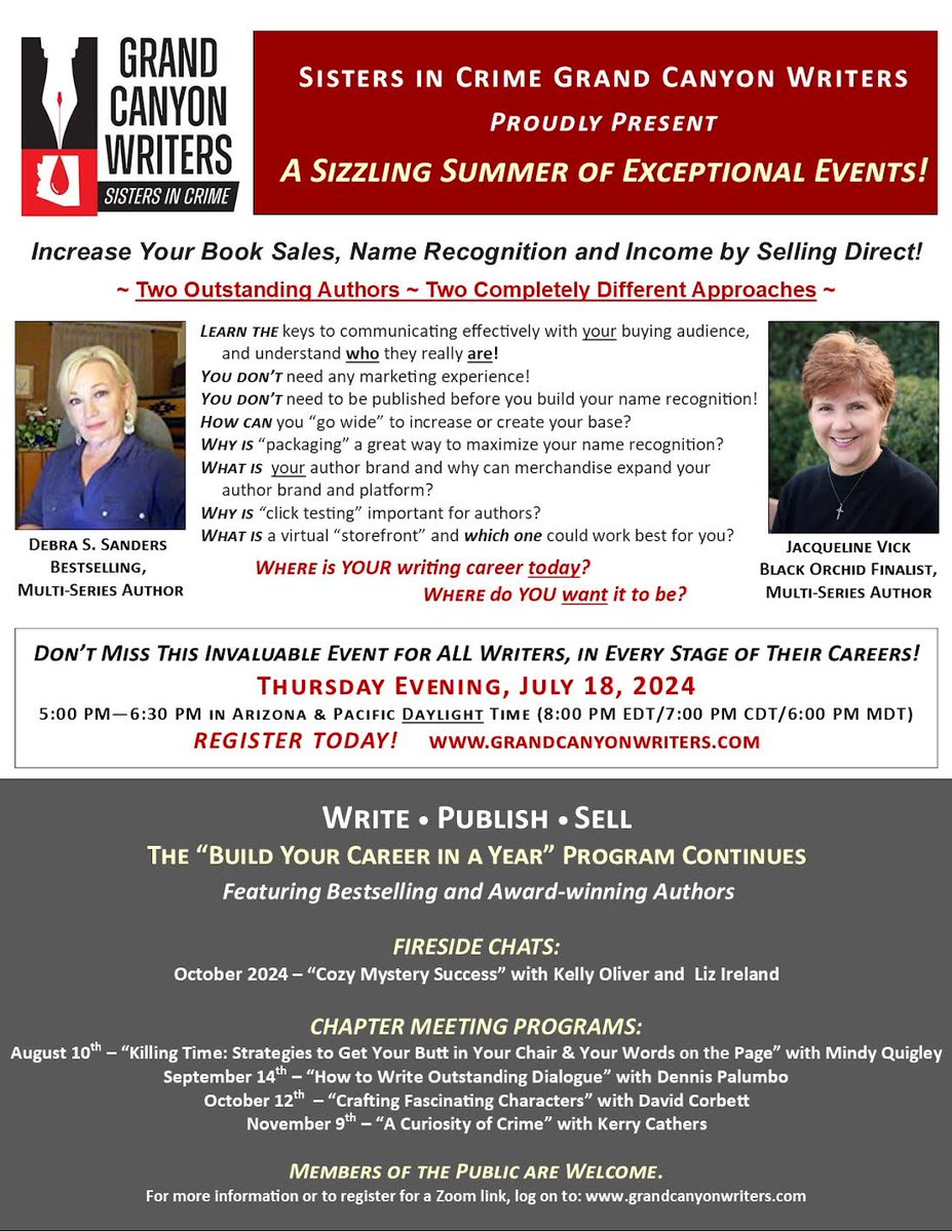 Robin Burcell (@robinburcell) on Twitter photo Don't miss an outstanding Writers' Event! You are invited!
Thursday Evening, July 18, 2024
REGISTER TODAY! Free! grandcanyonwriters.com/fireside-chats…
<a href="/SinCGrandCanyon/">Grand Canyon Writers</a> #WritingCommunity Don't miss an outstanding Writers' Event! You are invited!
Thursday Evening, July 18, 2024
REGISTER TODAY! Free! grandcanyonwriters.com/fireside-chats…
<a href="/SinCGrandCanyon/">Grand Canyon Writers</a> #WritingCommunity