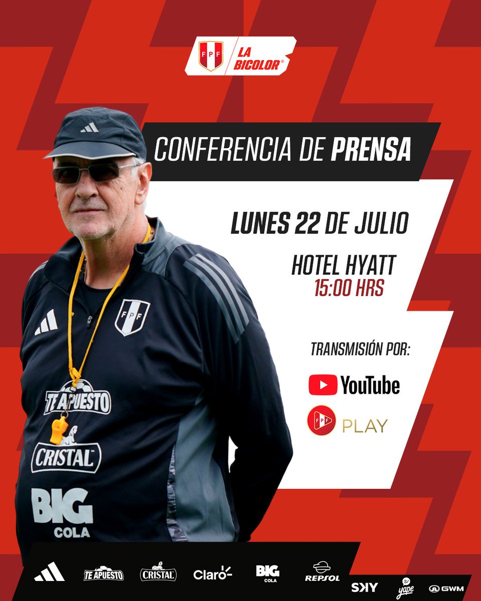 SeleccionPeru's tweet photo. 🎙️ 𝑪𝒐𝒏𝒇𝒆𝒓𝒆𝒏𝒄𝒊𝒂 𝒅𝒆 𝒑𝒓𝒆𝒏𝒔𝒂
Jorge Fossati, entrenador de #LaBicolor 🇵🇪, atenderá a los medios de comunicación este lunes 22 de julio.
📹 Sigue la conferencia en nuestro canal de Youtube y #FPFplay.
#UnSentimientoQueNosUne https://t.co/J2o3G0jvHH