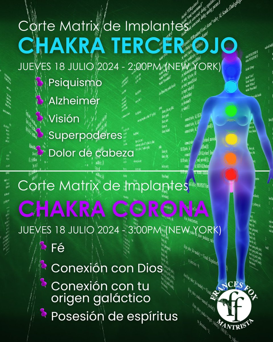FoxMantrista's tweet photo. Chakra Tercer Ojo, Link: https://t.co/dRgMHLb9NT
Jueves 18 de Julio, 2024 - 2:00pm (NEW YORK)
Valor: 10$
Chakra Corona, Link: https://t.co/64rlxMii1T
Jueves 18 de Julio, 2024 - 3:00pm (NEW YORK)
Valor: 10$
#plexosolar #prosperidad #Sacral #Chakras https://t.co/MSlP1O3hUy