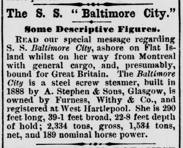#OnThisDay #OTD 17 July 1897 the British cargo ship SS Baltimore City was wrecked at Flat Island in the Straits of Belle Isle while on a voyage from Montreal to Manchester. <a href="/StJohnsTelegram/">The Telegram</a> reported on July 20.