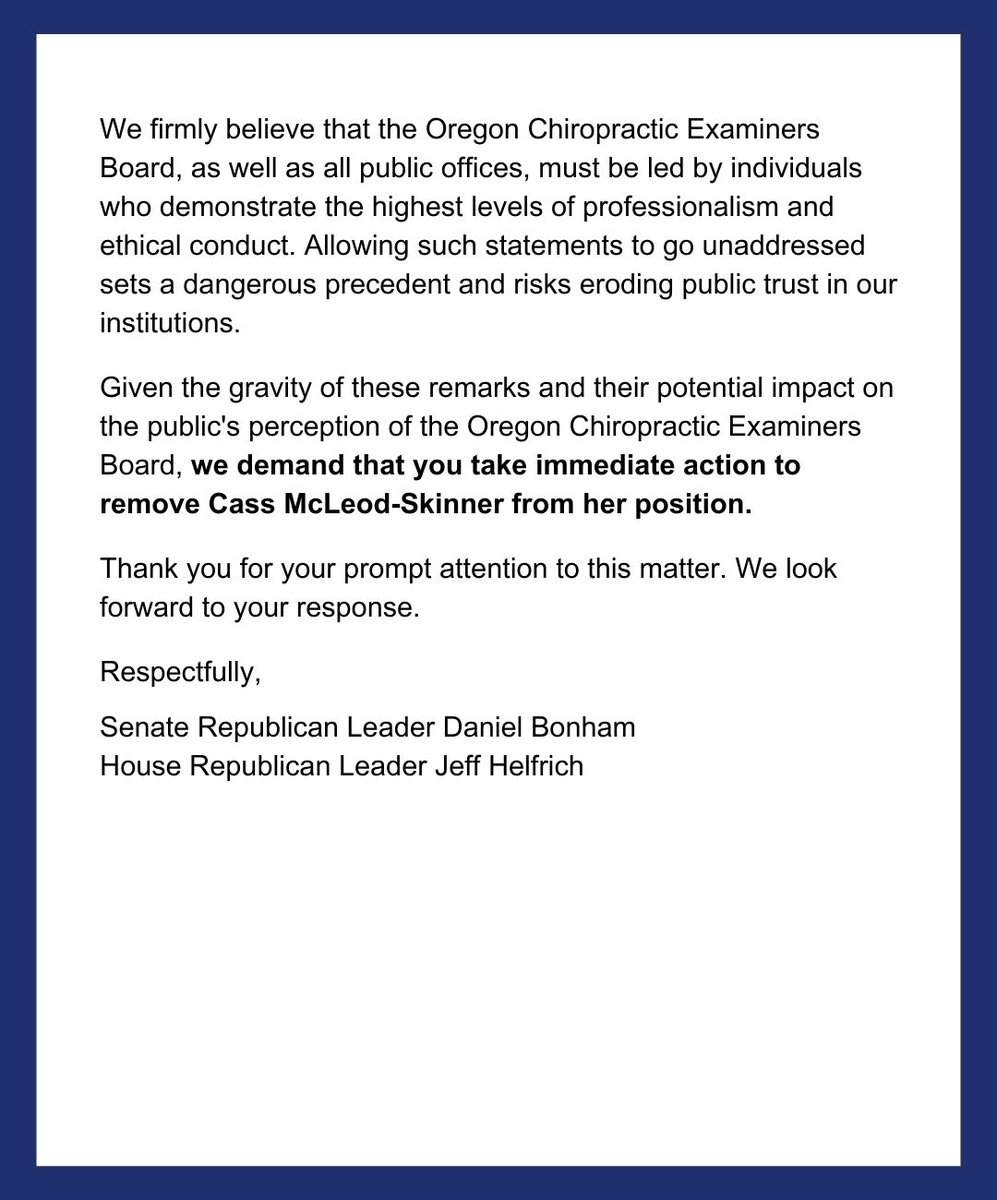 ORSenateGOP's tweet photo. 🚨 Just sent a letter to @GovTinaKotek demanding the removal of Cass McLeod-Skinner as Director of the Oregon Chiropractic Examiners Board. With her amplification of pro-assassination messages, she has shown that she is unfit for a position of authority in Oregon government. https://t.co/71rQFcgUDD