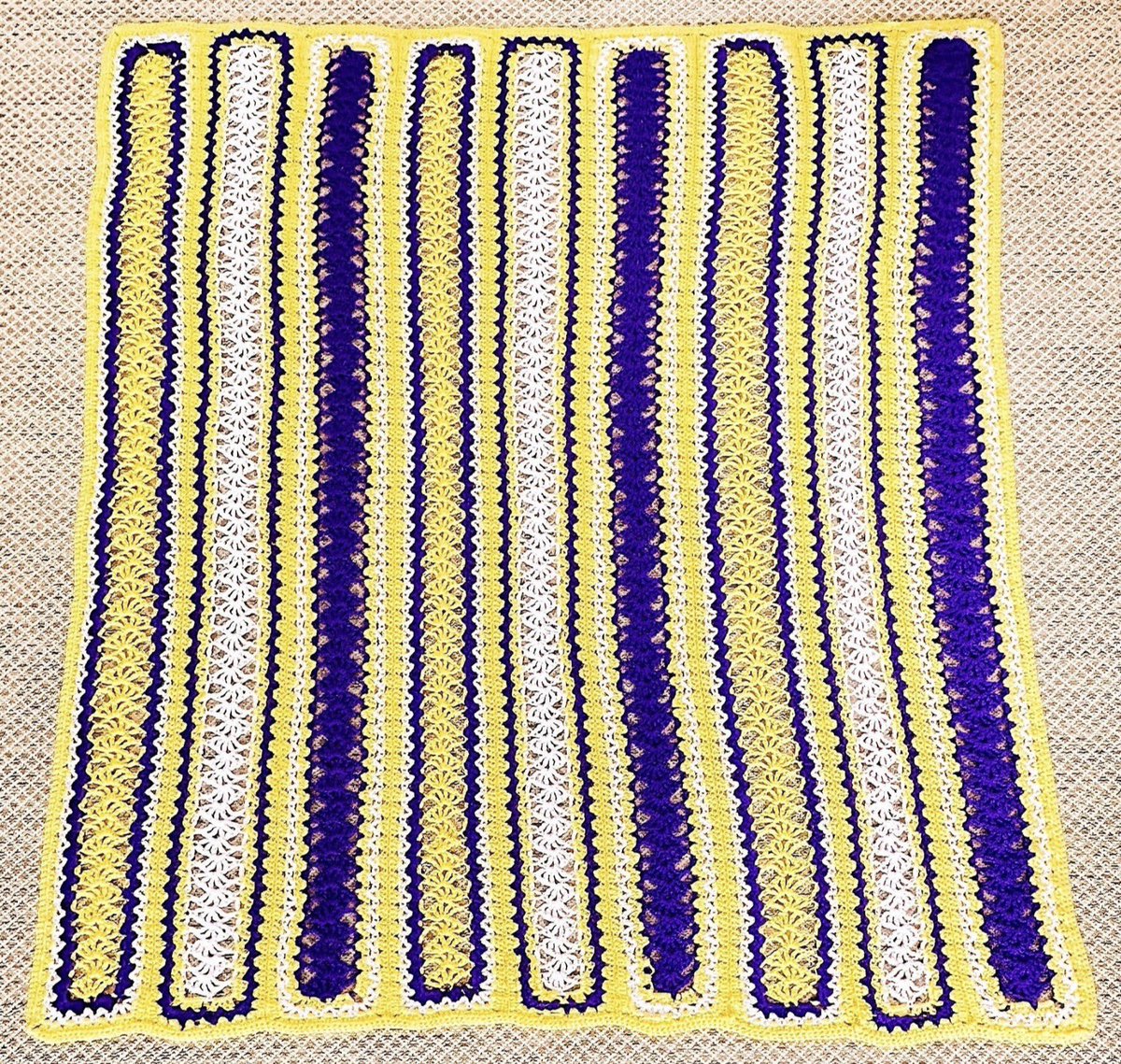 Magnoliabay_'s tweet photo. This handmade open weave crochet throw features fun golden yellow and true purple stripes. This intricate blanket would be perfect for a sports fan with the matching colors!

Size: 52” x 59”

Linked below💜🤍💛

#purple #purpleandyellow #yellow #yellowandpurple #crochet #Afghan https://t.co/BWMLOKrbQG