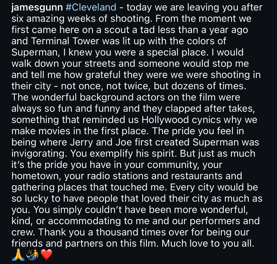 JordanZirm's tweet photo. was at a Cleveland's buddy wedding the other weekend. he's lived in a lot of places since, so there were people from all over. someone I was talking to said "you have to explain the Cleveland thing, why does everyone love it"

not sure James Gunn could've summed it up any better https://t.co/lHHI80k4hA