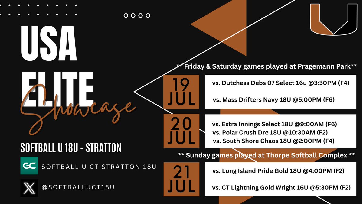 Staying in CT this weekend for the USA Elite Northern Exposure Showcase!! Here’s our game schedule👏👏: <a href="/SoftballUCT18u/">Softball U CT 18U Stratton</a> <a href="/USAElite_Jen/">USA Elite</a>