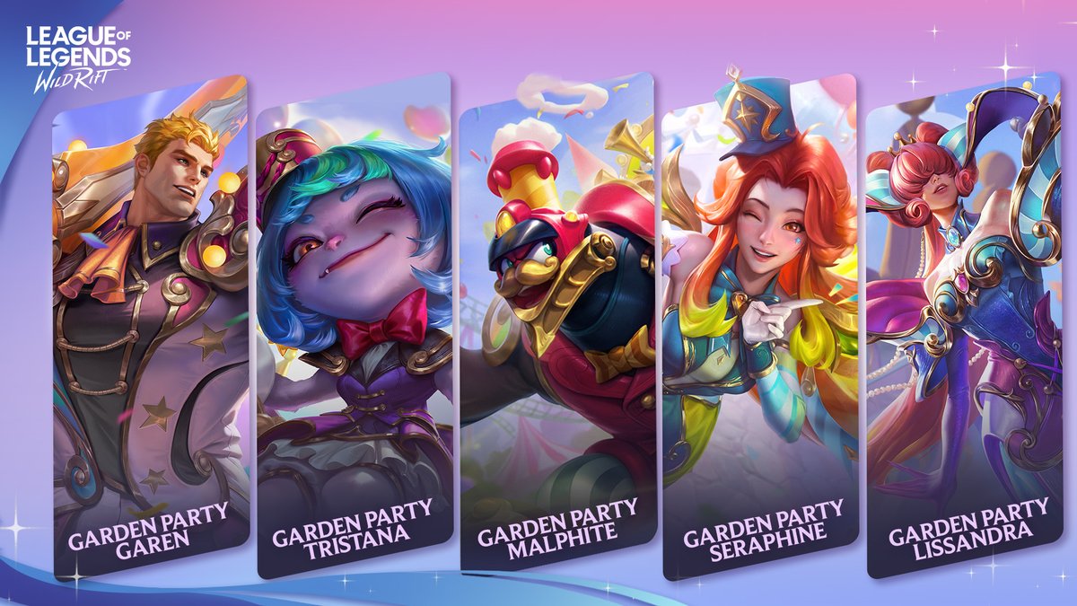 Tenho 15 skins da linha Garden party exclusiva do League of legends Wild Rift  pra dar pra vocês! 🎉

- Dê RT nesse post! 🔁
- Comenta a skin que você deseja!
Garen,Tristana,Malphite,Seraphine ou Lissandra!

🔰 Apenas para BR que jogam no servidor AMERICAS.

Resultado acontecerá