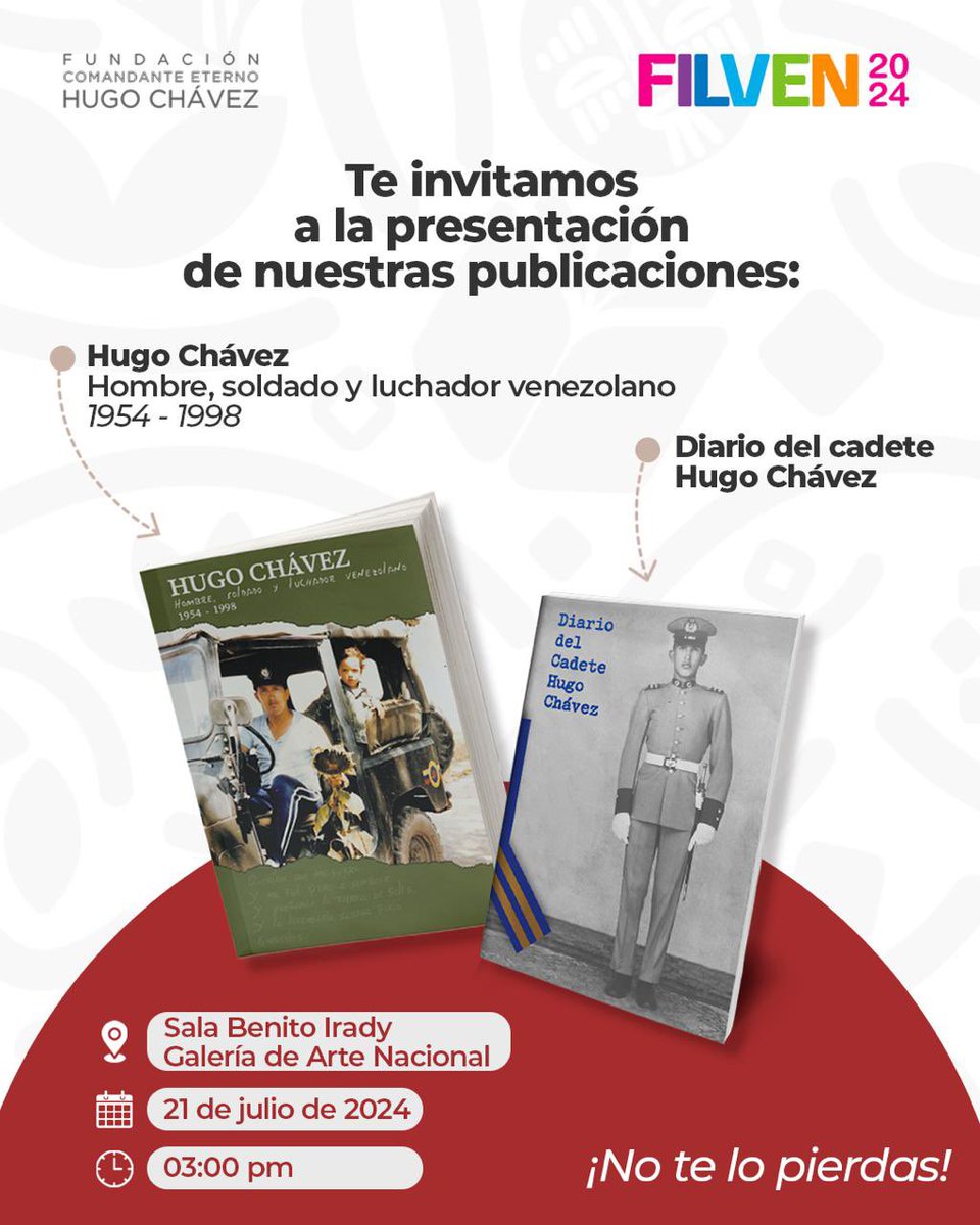 Este 21 de Julio te esperamos en la Filven 2024 📚

Te invitamos a la presentación de nuestras publicaciones, en la Sala Benito Irady de la Galería de Arte Nacional 🏛️

Tambien podrás visitar nuestro stand donde tendremos nuestras ediciones, franelas y souvenirs.