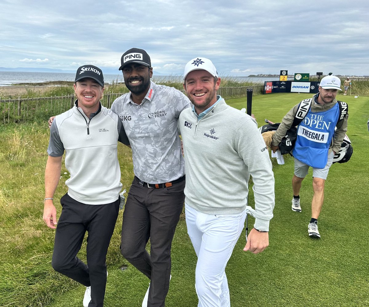 These guys all played junior and College golf’s together and here they are today in a practice round at the 152nd Open , which starts tomorrow morning at Royal Troon!! Sahith Theegala, Sam Horsefield and Sean Crocker!  ❤️👍