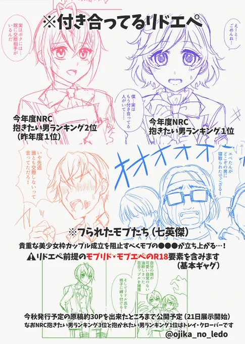 スペース:_: お8 『Lughnasadh』
今秋発行予定の原稿を先行公開
🌹と🍎に片思いしてたモブたちが百合ップル成立を阻止すべく●●●を立ち上がらせる
リドエペ前提のモブリド・モブエペ漫画(ギャグ)です
申し訳程度の🔞あり

※予定より進捗がダメなので21日から公開いたします
#モブランド 