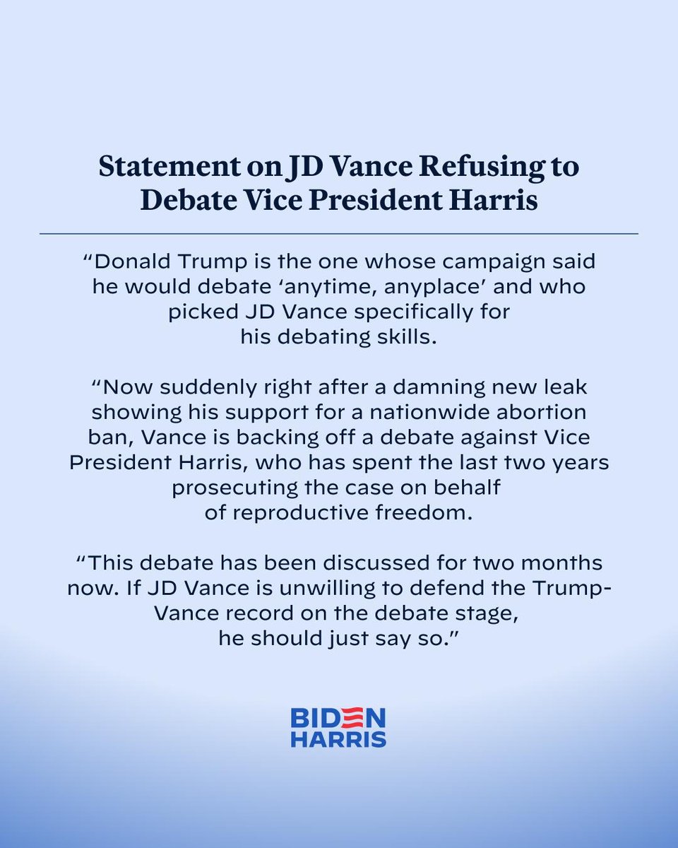 Biden-Harris Campaign Statement on JD Vance Refusing to Debate Vice President Harris
