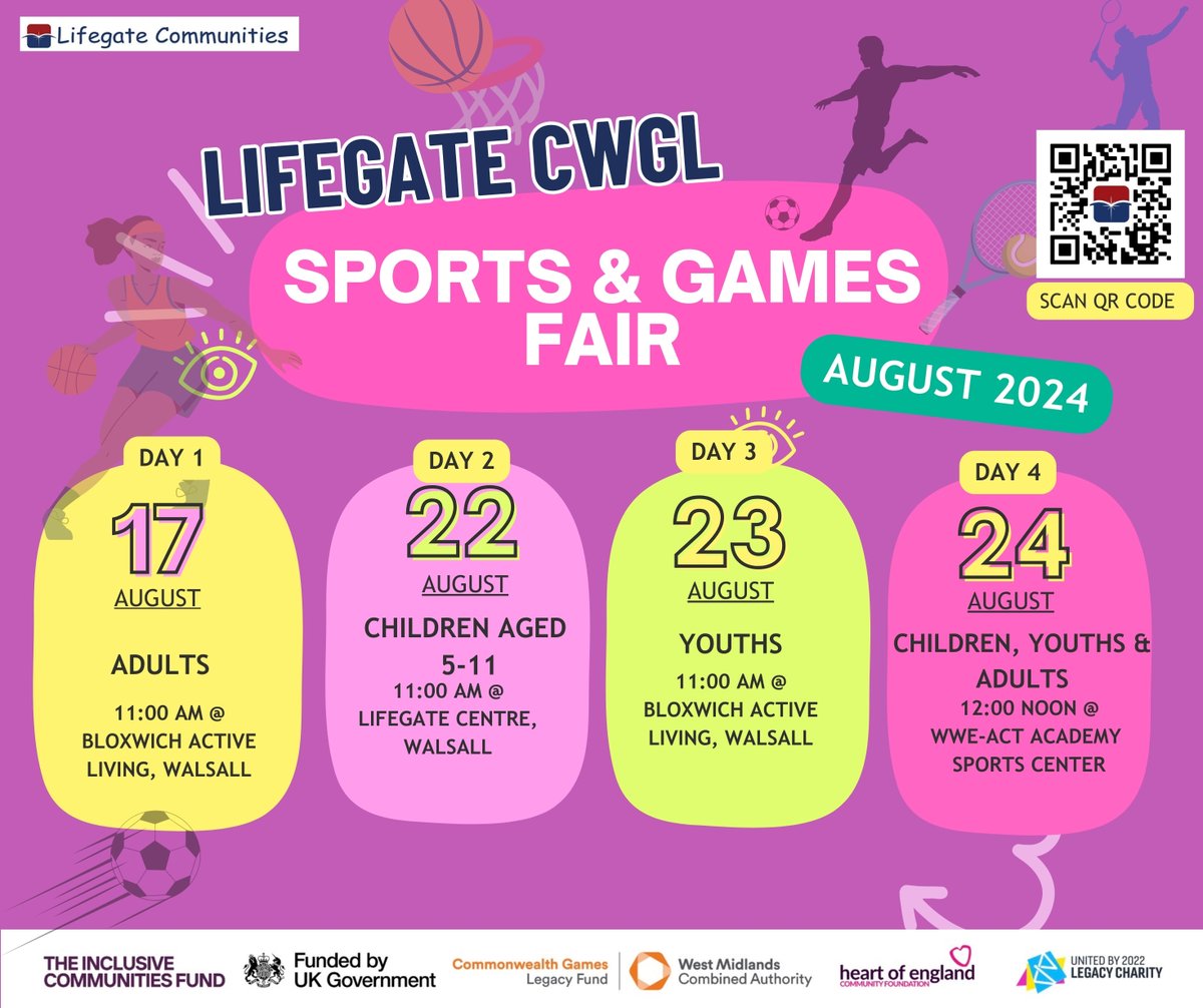Lifegate Communities (@lifegatecommun) on Twitter photo 🏅 Join us for <a href="/LifegateCommun/">Lifegate Communities</a> Sports Fair in #Walsall! 🏅
🎉 Sports and games for all in the legacy of #Birmingham22 #commonwealthgames2022 !
See flyer for details 📅 ⏰ 📍
Scan QR code to book FREE TICKETS for age category.
#activetogether
#walsallevents
#CommunitySports 🏅 Join us for <a href="/LifegateCommun/">Lifegate Communities</a> Sports Fair in #Walsall! 🏅
🎉 Sports and games for all in the legacy of #Birmingham22 #commonwealthgames2022 !
See flyer for details 📅 ⏰ 📍
Scan QR code to book FREE TICKETS for age category.
#activetogether
#walsallevents
#CommunitySports