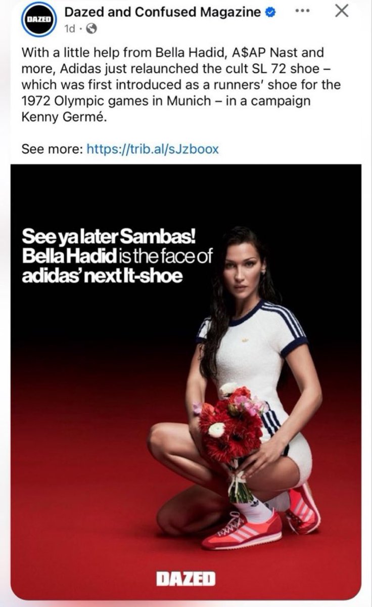 StopAntisemites's tweet image. Antisemite Bella Hadid was chosen by Adidas as the face for the 1972 Olympic shoe relaunch. 

The same Olympics in which Jews were butchered by Palestinian terrorists.

If the shoes fits @adidas - how on par.