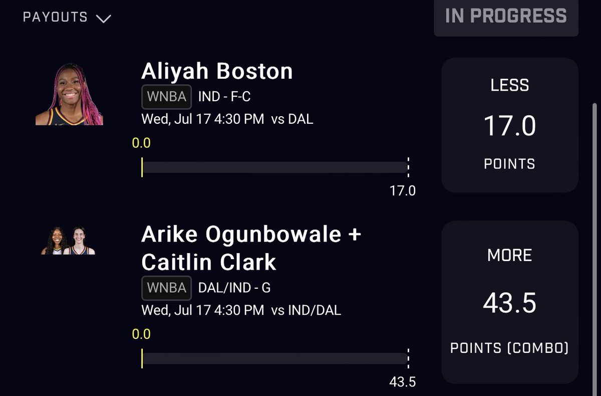 WeeniesPicks's tweet photo. WNBA 2 LEG : 

Aliyah Boston - Under 17 Points
Arike Ogunbowale + Clark - Over points https://t.co/u8VsJ8MlEu