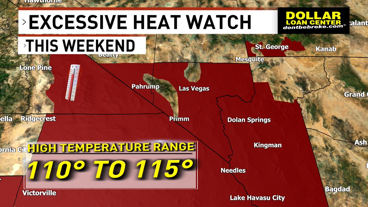 BillBellis's tweet photo. 🚨 EXCESSIVE HEAT WATCH THIS WEEKEND 🚨 Near record highs AGAIN, but at least we're not in the 115° to 120° range like last week. AND there's a continued chance for a few storms. @News3LV @NWSVegas #WeatherAuthority #vegas #Vegasweather #nvwx #heatwatch https://t.co/IXvdvZMHMv