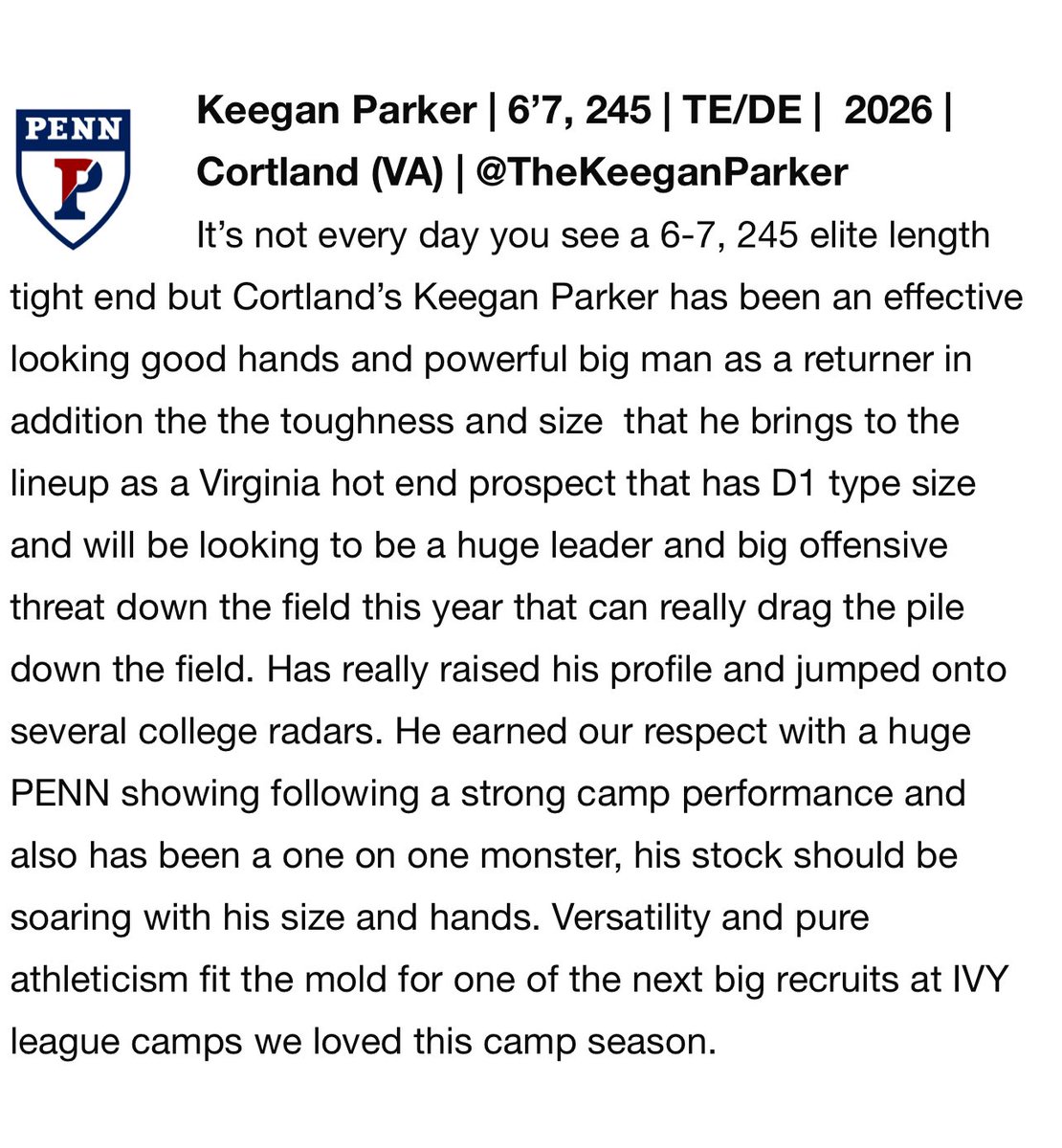 Thank you <a href="/sixstarfootball/">Six Star Football | PLUS+</a> for the write-up!Had a great time <a href="/PennFB/">Penn Football</a> camp and can’t wait to be back! <a href="/VaJagsPrez/">Joe Lackey</a> <a href="/CugrsCoachHall/">JC Hall</a> <a href="/WillVapreps/">Will Vapreps Garlick</a> <a href="/David_Josephson/">David Josephson</a> <a href="/Fitbyky/">Kyaer Lee</a>
