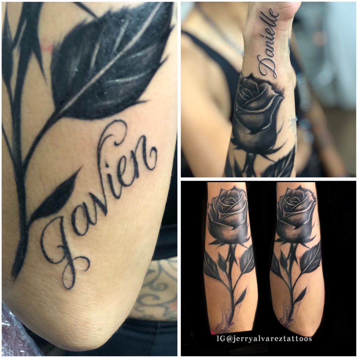 CowboyGunz's tweet photo. Got My Two Youngest Baby’s Names Danielle and Javien with a Stem Rose. Thank You Jerry. Getting the Other Three Names Very Soon Too and My Granddaughter’s Name. #Tattoos #Danielle #Javien #StemRose #BlackAndGreyTattoo #Art #Ink #CoverUp https://t.co/OYa7QiMarL