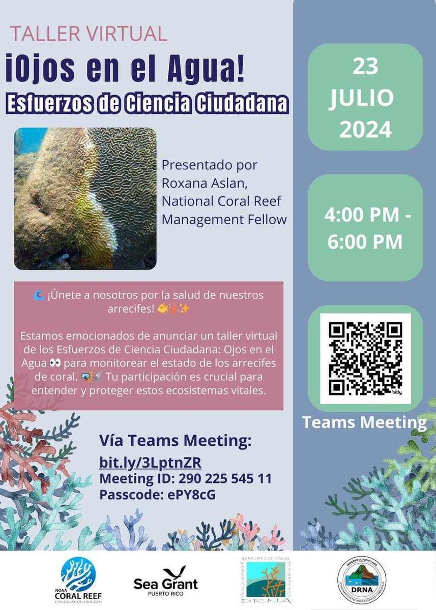 🌊 Taller virtual de los Esfuerzos de Ciencia Ciudadana: Ojos en el Agua para monitorear el estado de los arrecifes de coral.🤿Tu participación es crucial para entender y proteger estos ecosistemas vitales. 🪸