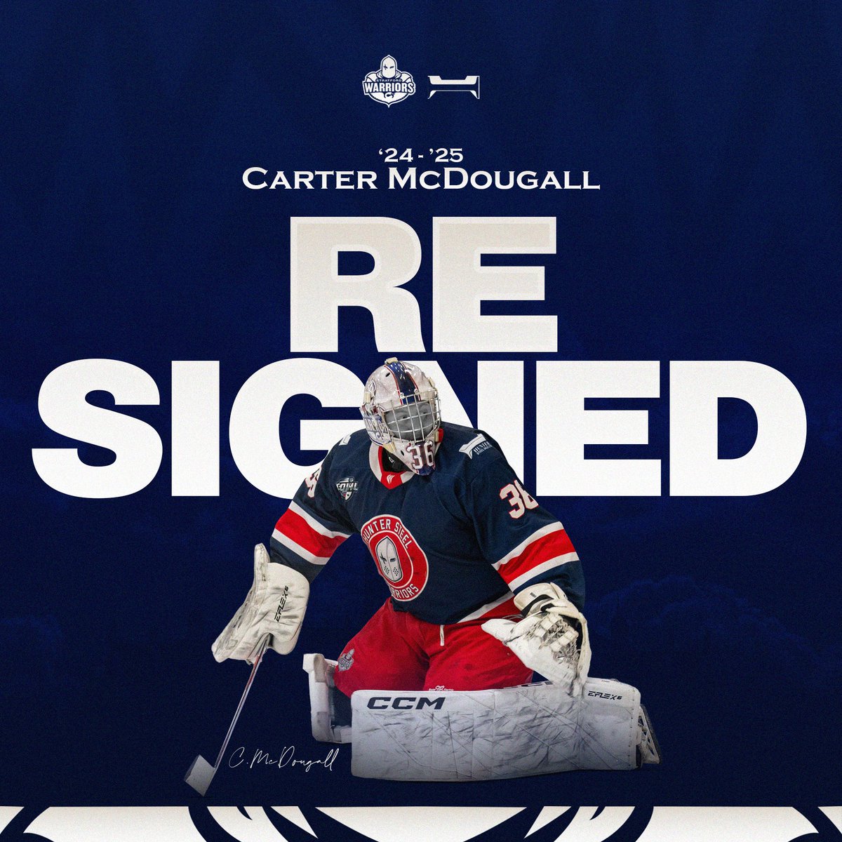 StratWarriors's tweet photo. RE-SIGNING ALERT

We have re-signed OA goaltender, Carter McDougall!

Carter played a crucial role in our Cherrey Cup Final run last year, where he had .923SV% in the regular season and a .917SV% in the playoffs!

#rollswans https://t.co/sHpkR9QqhD