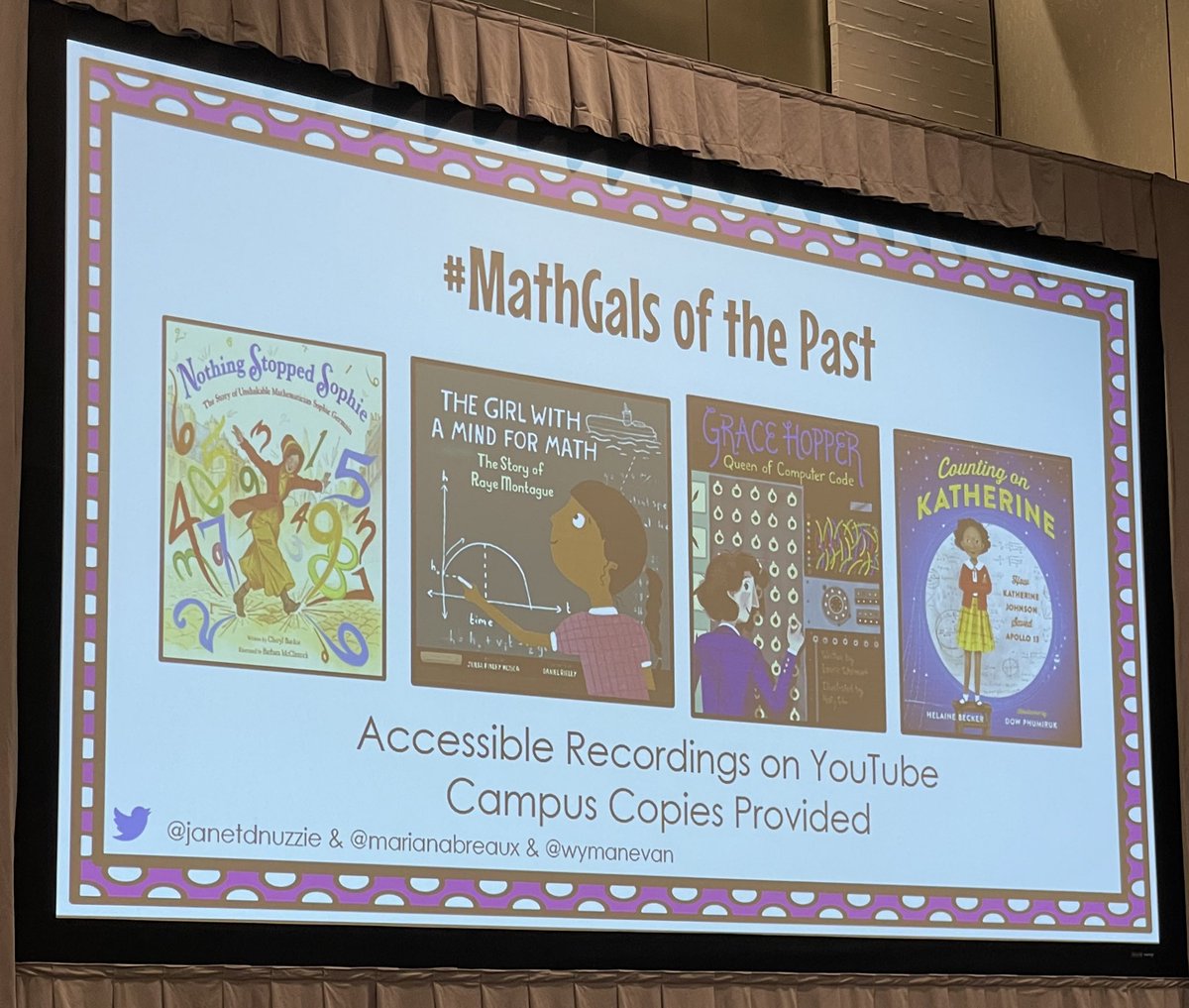 MmackaymathTx's tweet photo. “A girl with a dream is a woman with a vision”-@MarianaBreaux. Providing opportunities for girls through mirrors, windows, and sliding doors plants seeds for future #mathgirls of #womeninSTEM. Thank you for sharing your story. I’m brainstorming ideas... @janetdnuzzie #CAMT24 https://t.co/0uX1vg2XQg
