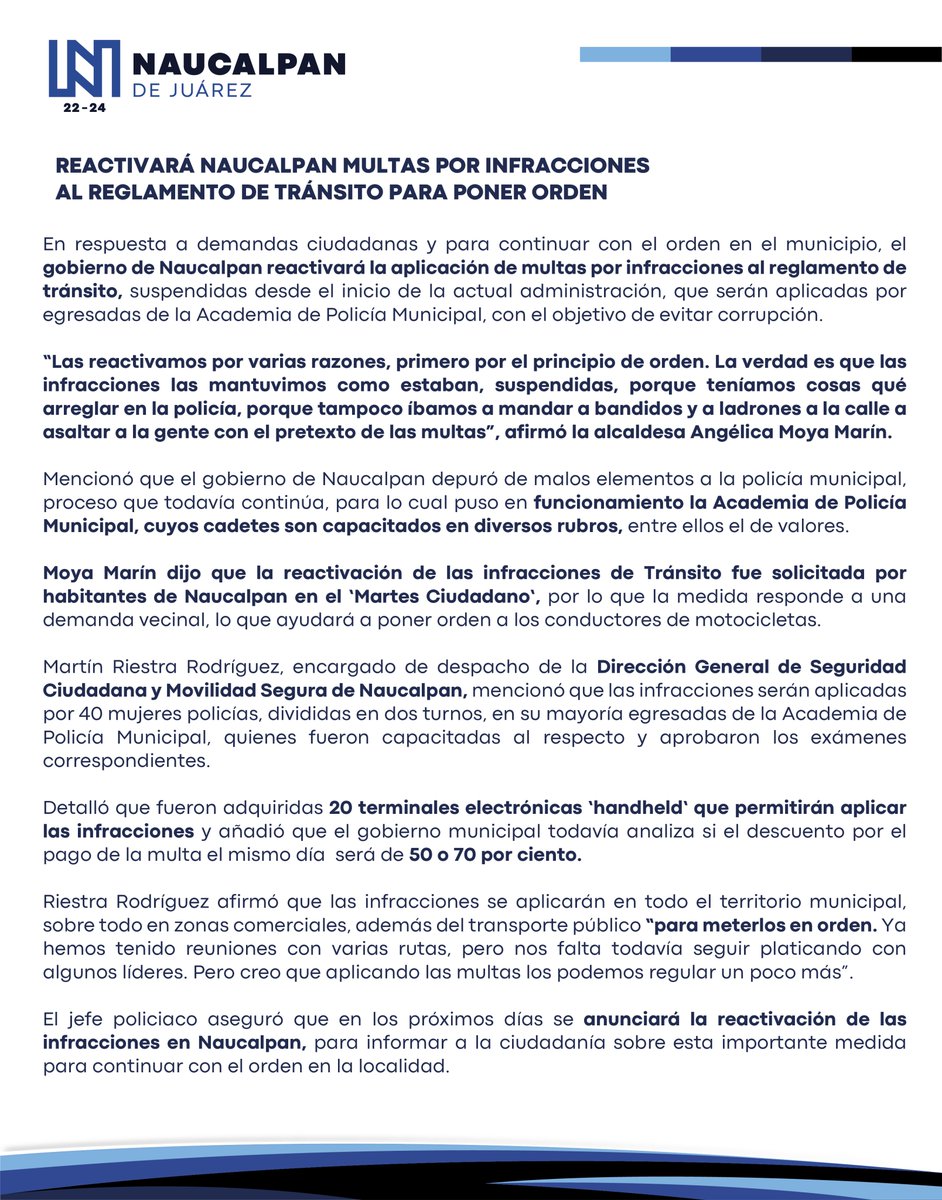 🚦 El Gobierno de Naucalpan reactivará las multas por infracciones al reglamento de tránsito, en respuesta a las demandas ciudadanas y como parte de los esfuerzos para mantener el orden en nuestras calles.