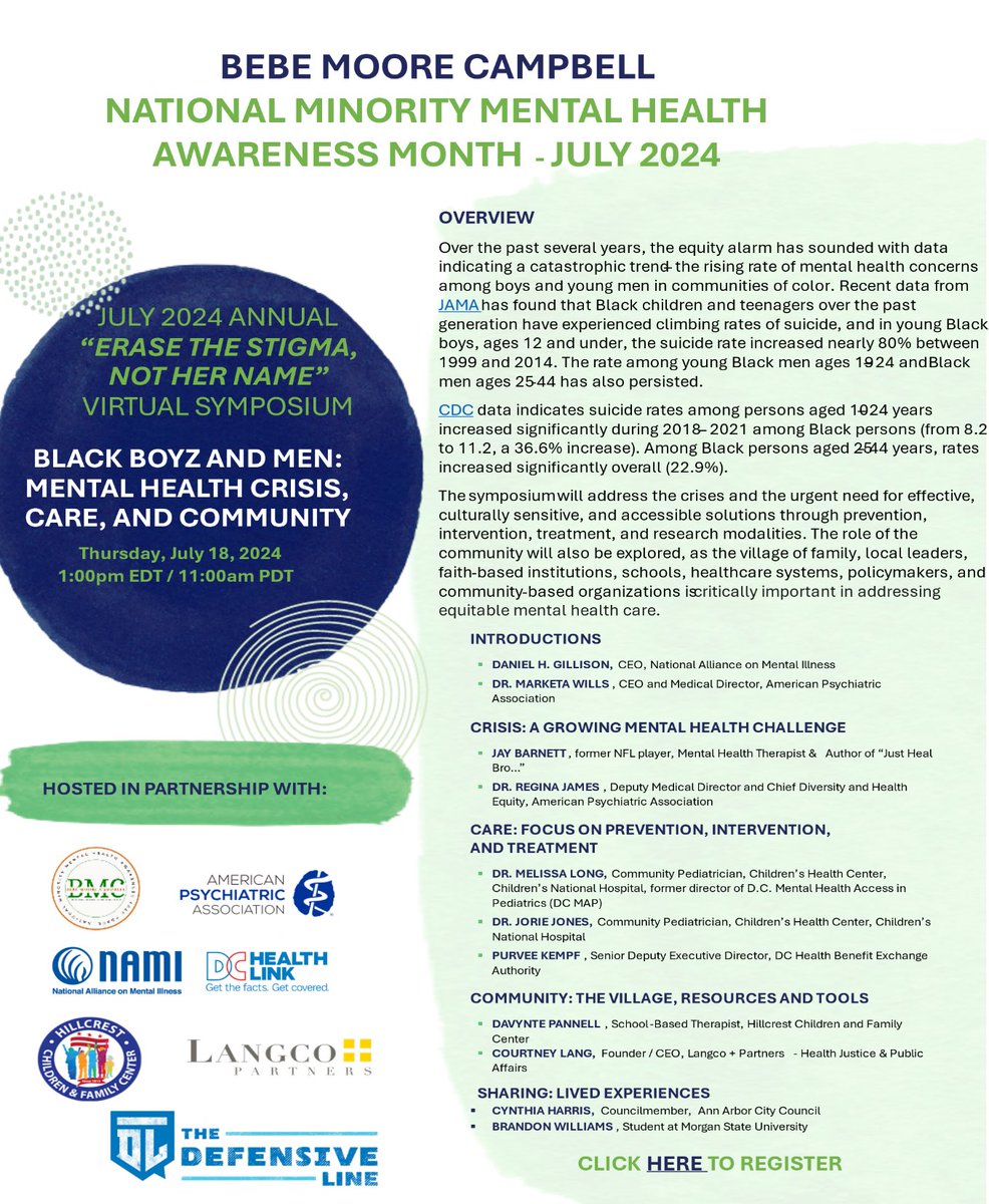 CynthiaForA2's tweet image. Join us TOMORROW!  

Date Time: Jul 18, 2024 01:00 PM EST

Topic: July 2024 - Bebe Moore Campbell National Minority Mental Health Awareness Month Virtual Symposium “Black Boyz and Men: Mental Health Crisis, Care and Community” #a2council