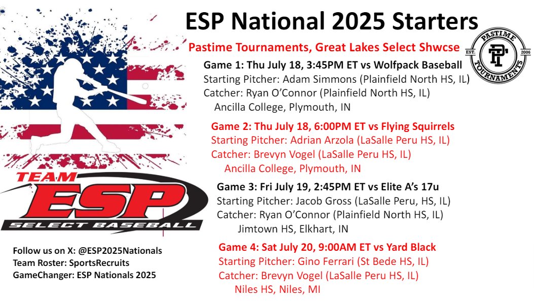 The starters for <a href="/PastimeBaseball/">Pastime Tournaments</a> "Great Lakes Select Showcase" at <a href="/NDBaseball/">Notre Dame Baseball</a> 

G1 <a href="/sim74305793/">Adam Simmons</a> <a href="/ryan_oc19/">Ryan O’Connor</a> <a href="/pnhsbaseball/">Tigers Baseball</a>
G2 <a href="/adrianarzola25/">Adrian Arzola ivcc⚾️</a> <a href="/BrevynV/">Brevyn_Vogel</a> @cavy_boys
G3 <a href="/borphina/">Jacob Gross</a> <a href="/ryan_oc19/">Ryan O’Connor</a> 
G4 <a href="/ginoferrari07/">Gino Ferrari</a> <a href="/BrevynV/">Brevyn_Vogel</a> <a href="/SBA_Baseball/">sbabruinbaseball</a>

<a href="/TaddGibby24/">Tadd Gibson</a> <a href="/CTurnquist_10/">Carter Turnquist</a>