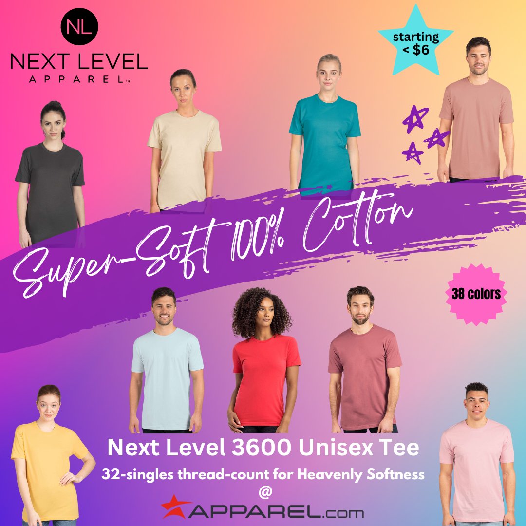 appareldotcom's tweet image. Level up your basics with the Next Level 3600 tee! This ultra-soft, comfy tee is perfect for everyday wear.  Available in 38 colors, it&apos;s your new wardrobe essential.  
.
Shop the Next Level 3600 t-shirt and Save Now: bit.ly/4d7o9xs
.
#NextLevelApparel #Apparel