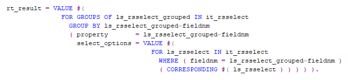 glensimpson's tweet photo. @wridgeu Or this?
And it could be even more succinct (using FILTER operator instead of the nested FOR ) if IT_RSSELECT was a sorted table by FIELDNM. https://t.co/dqRTmzNGZ0