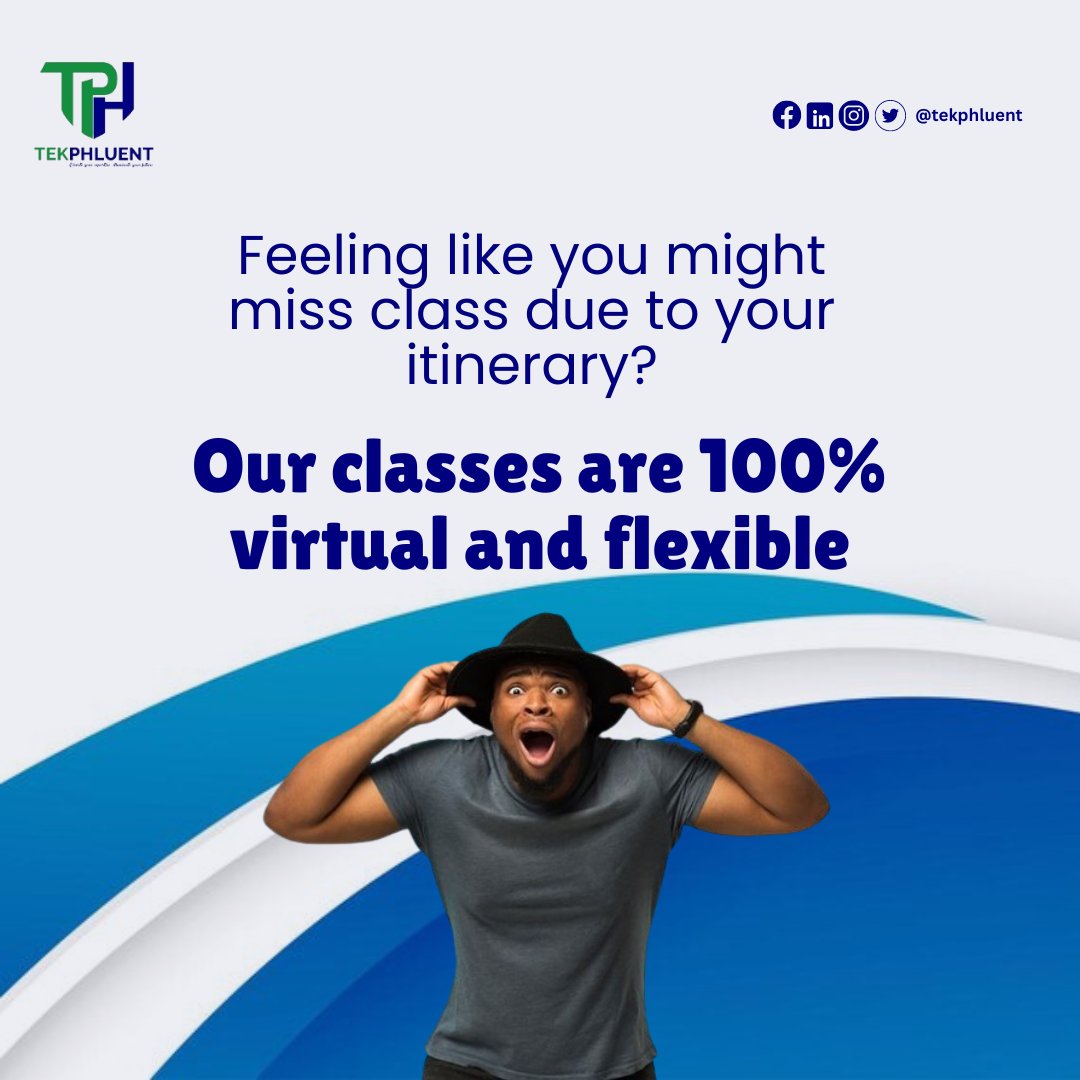 tekphluent's tweet image. Feeling like you might miss class due to your itinerary? No worries! Our classes are 100% virtual and flexible. Learn from anywhere, anytime. Join us and stay on track with your goals! 🌍🎓

#FlexibleLearning #VirtualClasses #TekPhluent